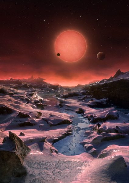 انطباع فني لمظهر أبعد كوكب مكتشف من الكواكب الخارجية الموجودة حول النجم القزم TRAPPIST-1  المصدر: المرصد الأوروبي الجنوبي/ كورنميسير M. Kornmesser