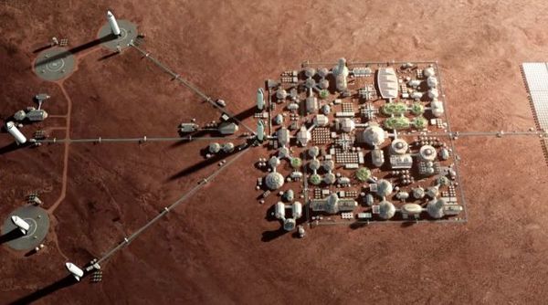 رسم توضيحي لمدينة المريخ مع منصات هبوط ستارشيب التابع لإسبيس إكس. (image credit by SpaceX)