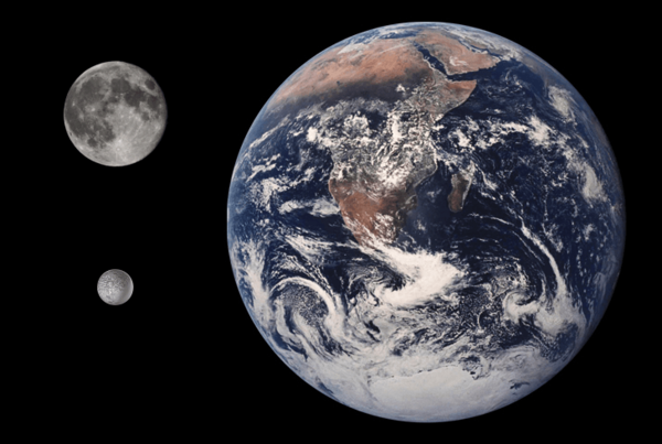 مقارنة بين الأرض، القمر، وأومبرييل من حيث الحجم. Credit: Tom Reding/Public Domain