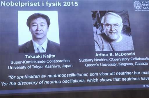 شاشة تُظهر الفائزيْن بجائزة نوبل في الفيزياء لعام 2015 بعدما أعلنت جمعية نوبل عن فوزهما في ستوكهولم، يوم الثلاثاء 6 أكتوبر/تشرين الأول 2015. فاز كل من الياباني تاكاكي كاجيتا (Takaaki Kajita) والكندي آرثر ماكدونالد (Arthur McDonald) بجائزة نوبل في الفيزياء لاكتشافهما تذبذبات النيوترينو. وصرحت الأكاديمية الملكية السويدية للعلوم أن الباحثيْن حققا مساهماتٍ رئيسيةً في التجارب التي بينت أن النيوترينوهات تغيّر هوياتها. المصدر:(Fredrik Sandberg/TT via AP).