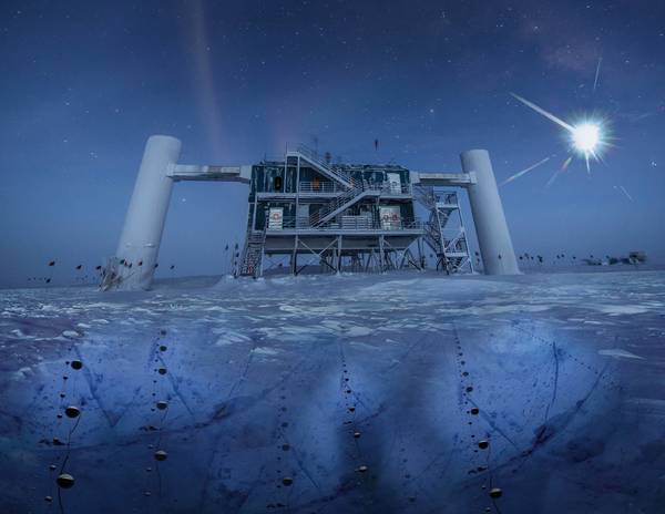 تصورٌ فني قائم على صورة حقيقية لمختبر آيسكوب في القطب الجنوبي، يبعث مصدر بعيد النيوترينوات والتي تُرصد بدورها تحت الجليد بواسطة أجهزة استشعار مرصد آيسكوب. حقوق الصورة: IceCube/NSF