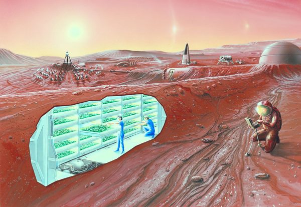 إظهار الفنان لاستيطان المريخ مع معاينة قطع في داخل الأرض