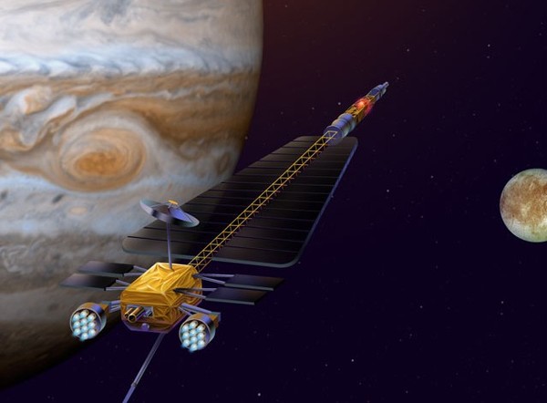 صورة فنية لمتتبع الأقمار المتجمدة للمشتري Jupiter Icy Moons Orbiter (JIMO)، وهو برنامج ملغي كان يفترض إرسال مركبة فضائية لتكتشف كاليستو وجانيميد ويوروبا. حقوق الصورة: NASA/JPL