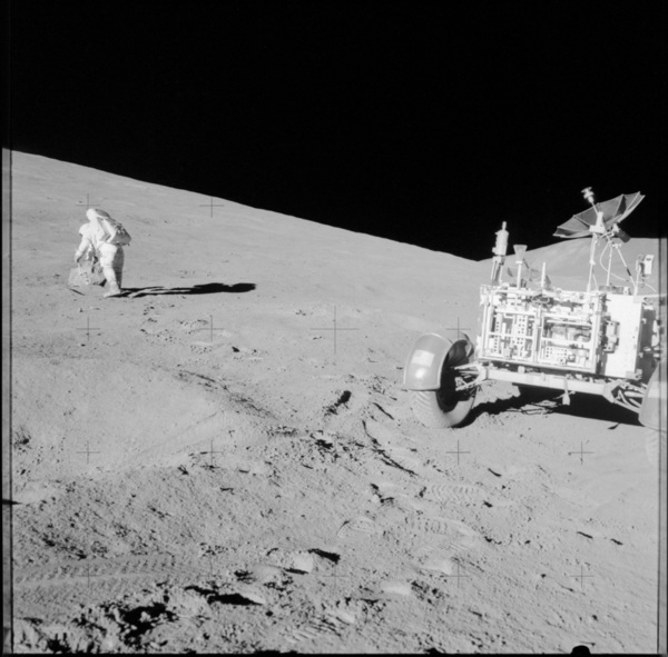 صورة لرواد رحلة أبولو 15 أثناء عملهم خارج المركبة على سطح القمر المصدر: ناسا/مركز جونسون للفضاء