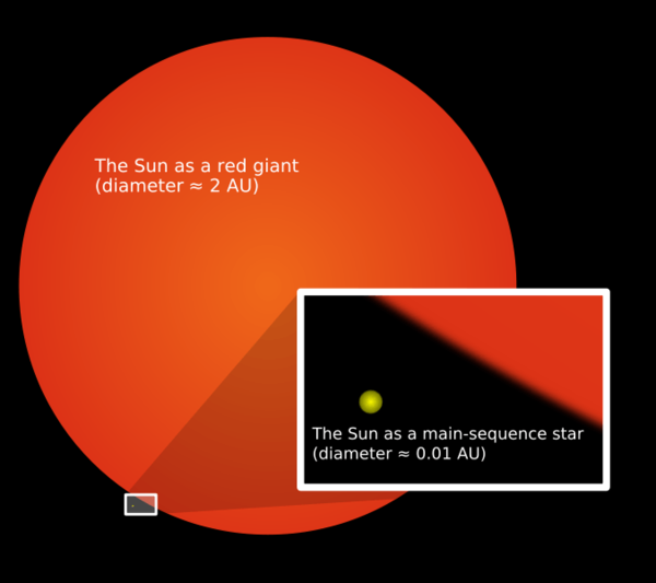 مقارنة بين الشمس في مرحلة القزم الأصفر وفي مرحلة العملاق الأحمر. 