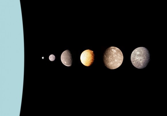 (مونتاج لأقمار زحل من اليسار حتى اليمين حيث آرييل، حقوق الصورة: NASA)