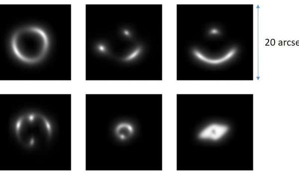 تظهر هذه الصورة عينة من صور يدوية الصنع للعدسات الثقالية التي استخدمها علماء الفلك لتدريب شبكتهم العصبية. حقوق الصورة: إنريكو بيتريللو، جامعة غرونينغن. Credit: Enrico Petrillo, University of Groningen