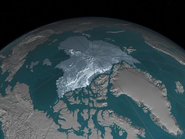 قلت المساحة التي يغطيها جليد بحر القطب الشمالي الذي لا يقل عمره عن أربع سنوات من 718000 ميل مربع في سبتمبر/أيلول 1984 إلى 42000 ميل مربع في سبتمبر/أيلول 2016. يميل الجليد الأقدم إلى أن يكون أقل عرضة للذوبان. ويشار إلى عمر الجليد من خلال الظلال التي تتراوح بين اللون الأزرق-الرمادي للجليد الأقل عمراً واللون الأبيض للأكثر عمراً. حقوق الصورة: ناسا)