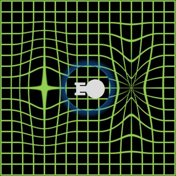 تصورٌ لحقل انحناء. تستقر المركبة في فقاعة من الفضاء غير المتغير، بينما ينقبض ما يتقدمها ويتمدد ما يعقُبها.<br /> Image credit: Trekky0623.