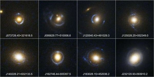 أمثلة على عدسات الجاذبية لحلقة أينشتاين عبر تلسكوب هابل الفضائي. (حقوق الصورة: NASA/ESA/SLACS Survey Team: A. Bolton (Harvard/Smithsonian), S. Burles (MIT), L. Koopmans (Kapteyn), T.Treu (UCSB), L. Moustakas (JPL/Caltech))