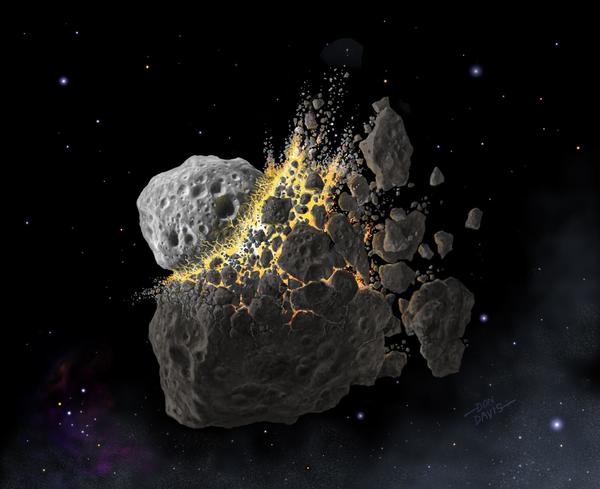 صورة فنية للاصطدام الفضائي الذي حدث قبل 466 مليون سنة، و الذى أفسح المجال للعديد من النيازك المتساقطة اليوم، حقوق الصورة: © Don Davis, Southwest Research Institute