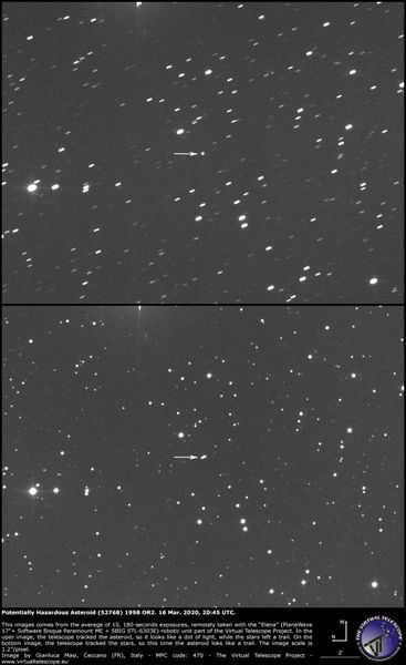 تظهر صورتان من مرسام إيلينا الفلكي التابع لمشروع التلسكوب الافتراضي الكويكب الكامن للخطر 1998 OR2 في سماء الليل في 16 مارس/آذار 2020، حوالي الساعة 4:45 مساءً بتوقيت شرق الولايات المتحدة. في الصورة العليا، تتبع التلسكوب حركة الكويكب، لذلك يظهر الكويكب كنقطة بيضاء بين بحر من مسارات النجوم الصغيرة. بالنسبة للصورة الثانية، ظلّ التلسكوب مثبتاً بالنسبة للنجوم، لذا يظهر مسارٌ صغيرٌ للكويكب. حقوق الصورة: Gianluca Masi/The Virtual Telescope Project
