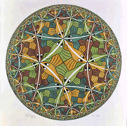 صورة Circle Limit III من إم سي إيشرMC Escher ، حيث توضح الخطوط البيضاء مسارات لأقصر المسافات. حقوق الصورة: The M.C. Escher Company - the Netherland جميع الحقوق محفوظة