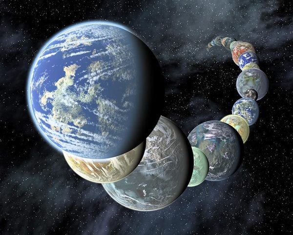 رسم فني لمجموعة من الكواكب الخارجية الشبيهة بالأرض التي تم اكتشافها خلال السنوات الأخيرة. المصدر: NASA/JPL
