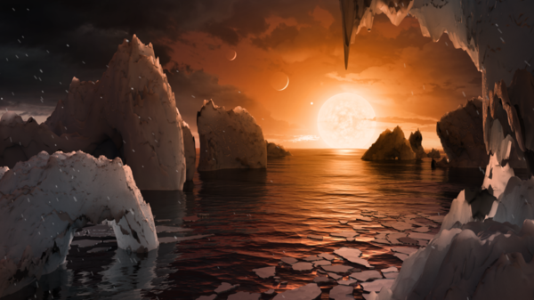 يبين هذا الرسم التوضيحي السطح المحتمل للكوكب TRAPPIST-1f، أحد الكواكب المكتشفة حديثا في النظام النجمي TRAPPIST-1. وقد اكتشف العلماء باستخدام تلسكوب سيبتزر الفضائي Spitzer Space Telescope، والتلسكوبات الأرضية سبعة كواكب لها حجم الأرض في هذا النظام. Credits: NASA/JPL-Caltech
