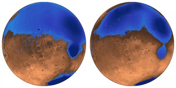 محيط المريخ القديم المعروف باسم شبه الجزيرة العربية Arabia (الأزرق من اليسار) كان سيبدو أشبه بكثير بهذا الشكل حين تشكّل على الكوكب الأحمر منذ 4 مليارات سنة، حين كان عمر محيط الكوكب الأصغر ديوتيرونيلاس 3,6 مليار سنة. وقد اختفت مياههما الآن، ربما تجمّدت تحت الأرض أو ضاعت جزئياً في الفضاء. حقوق الصورة: Robert Citron images, UC Berkeley