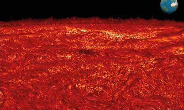 بقعة شمسية تقع جهة حافة الشمس، مرئية هنا كمجمع مظلم من البلازما مع مجال مغناطيسي قوته مشابهة لتلك التي في آلات التصوير بالرنين المغناطيسي الحديثة الموجودة في المستشفيات. وبالرغم من ذلك، إنه حجم البقعة الشمسية الذي يُقارن بحجم كوكبنا الأرض (انظر لمقياس الأرض الموجود في الجانب الأيمن العلوي)، هو ما يعطي الطاقة والقوة الشديدتين. امتدادًا لأعلى من البقعة الشمسية عالية المغناطيسية، هناك خطوط مجال يمكنها إرشاد وتوجيه الحركات الديناميكية من خلال الطبقات الأعمق للشمس. العمل الحديث المنشور في مجلة Nature للفيزياء يكشف دليلًا، ولأول مرة، عن كيفية ندرة تكاثر الموجات المغناطيسية، مُرشَدة تصاعديًا من سطح الشمس، يمكنها تكوين موجات صدمة تسخن البلازما المحيطة بآلاف الدرجات.  حقوق الصورة: إيما غالاغر