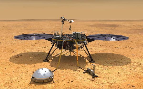 صورة فنية للمركبة إنسايت بعد نشر معدّاتها فوق سطح المريخ حقوق الصورة: NASA/JPL-Caltech
