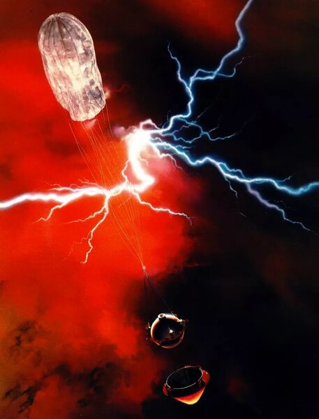 صورة تُظهر مسبار بيونير 13 الكبير، الذي حمل أل أم أن أس، وهو يخترق غيوم كوكب الزهرة.حقوق الصورة: ناسا