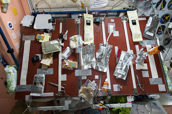 التقط هذه الصورة سكوت كيلي وهو مهندس الطيران في بعثة رقم 43، حيث نرى فيها جدول الأغذية الموجود في العقدة رقم1 على متن محطة الفضاء الدولية.  المصدر: NASA