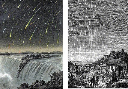 النقوش الخشبية القديمة التي تصور عاصفة شهب الأسديات 1833 - "ليلة سقطت النجوم."