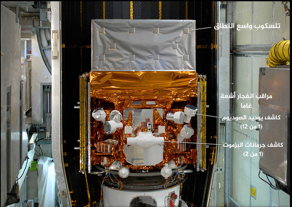 التقطت هذه الصورة في مايو/أيار عام 2008، بينما كان يتم تجهيز تلسكوب فيرمي لأشعة غاما الفضائي من أجل إطلاقه، مسلطة الضوء على كاشفات جهاز مراقبة انفجار أشعة غاما. مراقب انفجار أشعة غاما عبارة عن مجموعة مكونة من 14 كاشف بلوري.  المصدر: NASA/Jim Grossmann