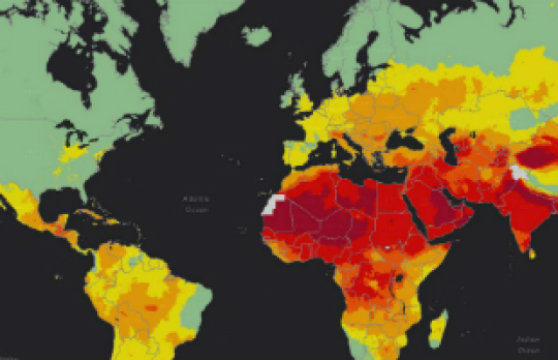 يظهر مخطط حراري لمنظمة الصحة العالمية أعلى (ملونة باللون الأحمر) وأدنى (ملونة باللون الأخضر) مستويات تلوث هواء في جميع أنحاء العالم. حقوق الصورة: منظمة الصحة العالمية