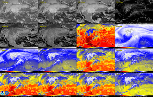 تظهر هذه الصورة المكونة من 16 لقطة الولايات المتحدة قاريا وذلك في القناتين المرئيتين، وأربع قنوات مقربة عاملة بالأشعة تحت الحمراء وعشر قنوات عاملة بالأشعة تحت الحمراء على جهاز تصوير خط الأساس المتقدمadvanced baseline imager . تساعد هذه القنوات الأرصاد الجوية على معرفة الاختلافات في الغلاف الجوي كالغيوم وبخار الماء والدخان والجليد والرماد البركاني.