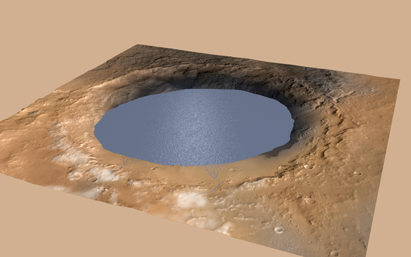 تُظهر هذه المحاكاة الحاسوبية البحيرة التي كانت تملأ فوهة غيل (Gale Crater) على المريخ في الماضي البعيد. تشير الأبحاث الجديدة إلى إمكانية تشكل البحيرات على سطح المريخ في الوقت الحاضر. ويمكن أن تبقى لمدة سنة على الأقل إذا كانت عميقة بما يكفي، رغم أن قشرة جليدية ستتشكل سريعاً على سطحها. المصدر: NASA/JPL-Caltech/ESA/DLR/FU Berlin/MSSS