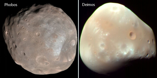 تّسم القمران الضئيلان "فوبوس" و"ديموس" الظاهران في هاتين الصورتين اللتين التقطهما مستطلع المريخ المداري (Mars Reconnaissance Orbiter) بأشكال غير منتظمة، ويُرجّح أنهما كويكبان شاردان من حزام الكويكبات الرئيسي. حقوق الصورة: Nasa. 