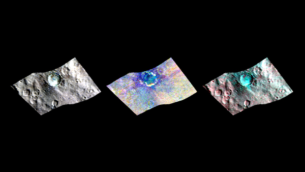 تظهر الفوهة البركانية هاولاني Haulani على سيريس (بعرض 21 ميلاً، 34 كم). تظهر في هذه المشاهد من خرائط (VIR) المقياس الطيفي بالأشعة المرئية وتحت الحمراء (فير) على متن المركبة الفضائية داون التابعة لناسا.  مصدر الصورة: NASA/JPL-Caltech/UCLA/ASI/INAF