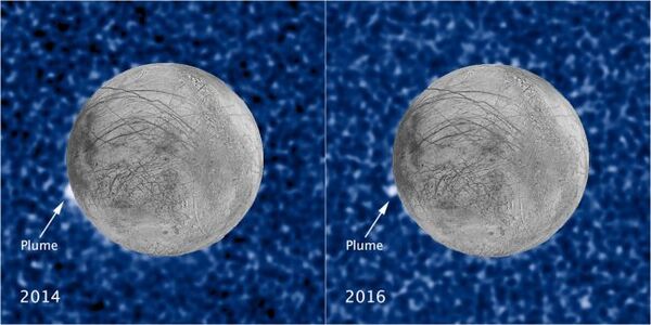 التقط تلسكوب هابل الفضائي صوراً لأعمدة يوروبا في 2014 و2016 المُنبعثة من نفس المنطقة على القمر.  حقوق الصورة: NASA/ESA/W. Sparks (STScI)/USGS Astrogeology Science Center