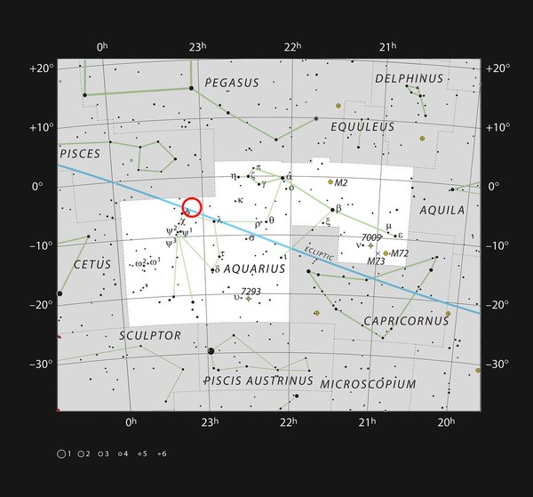 موقع TRAPPIST-1 في كوكبة الدلو مصدر الصورة: المرصد الأوروبي الجنوبي /الاتحاد الفلكي الدولي و Sky & Telescope