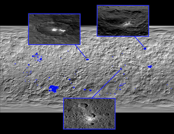 هذه الصورة عبارة عن خريطة لسطح سيريس، حيث تم إنشاؤها عبر مجموعة من الصور التي التقطتها المركبة دون الفضائية. تظهر في الخريطة أماكن 130 بقعة ساطعة موجودة في جميع أرجاء سطح هذا الكوكب القزم، وقد تم تسليط الضوء الأزرق عليها بهدف تمييزها عن غيرها.  المصدر: NASA/JPL-Caltech/UCLA/MPS/DLR/IDA
