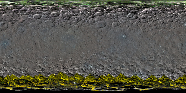 تُظهر هذه الصورة جزءاً من النصف الشمالي لسيريس مع بيانات عد النيوترونات التي حصلت عليها أداة كشف أشعة غاما والنيوترون GRaND، المحمولة على متن المركبة الفضائية داون التابعة لناسا. مصدر الصورة: NASA/JPL-Caltech/UCLA/ASI/INAF