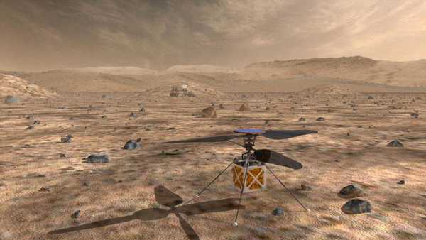 ستقوم مروحية المريخ التابعة لناسا، وهي عبارةٌ عن طائرةٍ صغيرةٍ ذاتية التحكم، باستكشاف المريخ مع مركبة المريخ الجوالة 2020؛ لاختبار تقنية التحليق لمركبات أثقل من الهواء على الكوكب الأحمر. حقوق الصورة: NASA/JPL-Caltech.
