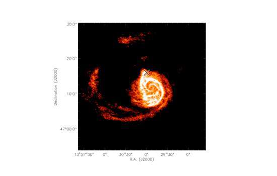 تُظهر هذه الصورة المُلتقطة بواسطة مصفوفة التلسكوبات الكبيرة جداً (Very Large Array) توزبع الهيدروجين الذري لمجرة الدوّامة (Whirlpool Galaxy)، بينما تُشير علامة X إلى التابع القزم. من ناحية أخرى، يُمكن للمُحاكاة الديناميكية أن تسترجع موقع هذه المجرة وكتلتها.