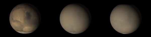 تظهر هاتان الصورتان اللتان تعودان إلى العام 2001 تغييراً جذرياً في مظهر الكوكب عندما انتشر السديم الناتج عن نشاط العاصفة الغبارية التي أثيرت في الجهة الجنوبية على كامل الكوكب. أخذت الصور بفارق شهر تقريباً، و التقطتها كاميرا مركبة ماسح المريخ الشامل Mars Global Surveyor  حقوق الصورة: NASA/JPL-Caltech/MSSS