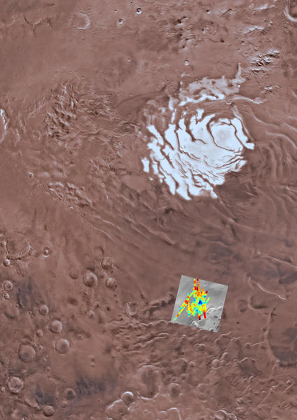 صورةٌ فنية لمركبة مارس اكسبرس فوق سهل Planum Australe، كما يظهر في الصورة بيانات منطقة الدراسة مُركبةٌ فوق سطح الكوكب. حقوق الصورة: USGS Astrogeology Science Center, Arizona State University, ESA, INAF. Graphic rendering by Davide Coero Borga, Media INAF