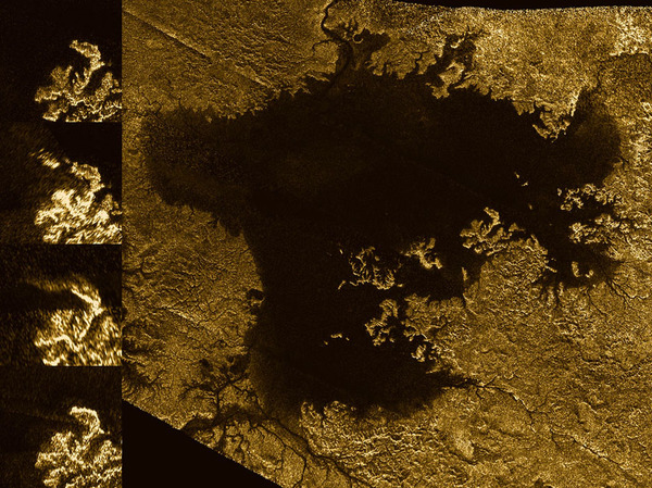 أرسلت مركبة كاسيني الفضائية التابعة لناسا أمواجاً ميكرويةً إلى سطح تيتان، ووجدت أن بعض القنوات هي وديان عميقة ومنحدرة مملوءة بالهيدروكربونات السائلة. أحد هذه السمات هي فيد فلومينا، الشبكة المتفرعة من الخطوط الضيقة في أعلى الربع الأيسر من الصورة.   المصدر: NASA/JPL-Caltech/ASI