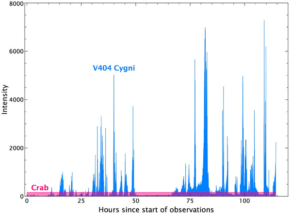 يُبين هذا الرسم البياني التباين في سطوع الأشعة السينية للنظام الثنائي للثقب الأسود V404 سيغني، والذي تم رصده بواسطة معدات IBIS/ISGRI الموجودة على متن مرصد أشعة غاما إنتيغرال التابع لوكالة الفضاء الأوروبية. أجري الرصد عند مستويات للطاقة تتراوح ما بين 20 و40 كيلو إلكترون فولط مقارنة مع سديم السرطان (المبين باللون الوردي). المصدر: Carlo Ferrigno, Integral Science Data Centre, Geneva, Switzerland/Jerome Rodriguez, Cea-Saclay, France/Marion Cadolle Bel, Max-Planck Computing and Data Facility, Garching Germany.