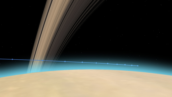 مسار كاسيني عبر الغلاف الجوي العلوي لزحل، الزمن الفاصل بين كل نقطة هو 10 ثوانٍ. حقوق الصورة: NASA/JPL-Caltech.