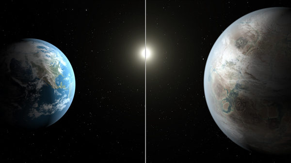 يُقدم لنا هذا التصوّر الفني مقارنة بين الأرض (إلى اليسار) بالكوكب المُكتشف حديثاً المسمّى كبلر-452-بي. قُطر هذا الكوكب أكبر من قُطر الأرض بحوالي 60%.  حقوق الصورة: ناسا/مُختبر الدفع النفاث، ومعهد كاليفورنيا للتكنولوجيا/ تي. بايل Credits: NASA/JPL-Caltech/T. Pyle