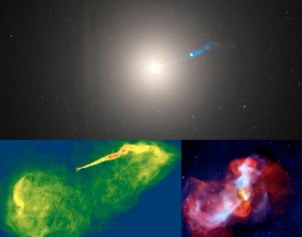 يظهر ثاني أكبر ثقب أسود كما يُرى من الأرض، وهو الثقب الموجود في مركز المجرة M87، في ثلاث مناظر هنا. في الأعلى صورة بصرية من تلسكوب هابل، وفي أسفل اليسار صورة راديوية من مرصد NRAO، وفي أسفل اليمين صورة أشعة سينية من تلسكوب شاندرا. هذه المناظر المختلفة لها دقة مختلفة تعتمد على الحساسية الضوئية وطول موجة الضوء المستخدم وحجم مرايا التلسكوب المستخدمة لرصدها. هذه كلها أمثلة للإشعاع المنبعث من المناطق المحيطة بالثقوب السوداء، مما يدل على أن الثقوب السوداء ليست سوداء للغاية على كل حال. حقوق الصورة: Top, optical, Hubble Space Telescope / NASA / Wikisky; lower left, radio, NRAO / Very Large Array (VLA); lower right, X-ray, NASA / Chandra X-ray telescope