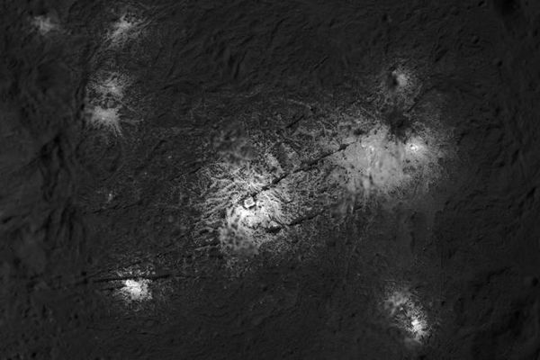 التُقطَت هذه الصورة القريبة لبقع فيناليا فاكوي Vinalia Faculae على فوهة اوكاتور في سيريس من قِبَل مركبة ناسا الفضائية داون في مهمتها الموسعة الثانية، ومن ارتفاع منخفض يعادل 21 ميلاً (34 كيلومتر).  حقوق الصورة: NASA/JPL-Caltech/UCLA/MPS/DLR/IDA