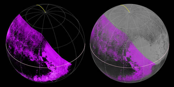 استطاعت أداة رالف ومقياس طيف الأشعة ما تحت الحمراء المعروف اختصاراً بـ LEISA ،والموجودتان على متن مركبة نيوهورايزنز، وضع خريطة للتراكيب على سطح بلوتو وذلك أثناء تحليقها فوقه بتاريخ 14 يوليو/تموز.   إلى اليسار، نرى خريطة لأماكن توافر جليد الميثان، ما يُظهر الاختلافات الإقليمية الجلية. وتُشير الألوان الأرجوانية الساطعة إلى المناطق ذات الامتصاص الأقوى للميثان، بينما يُشير اللون الأسود إلى المناطق الفقيرة بهذا الغاز.   البيانات الوحيدة التي وصلتنا هي تلك التي تم جمعها عن الجهة اليسرى من قرص بلوتو، وإلى اليمين، تم دمج خريطة الميثان مع صور عالية الدقة مأخوذة من جهاز المصور الاستكشافي واسع المجال LORRI المصدرNASA/JHUAPL/SWRI