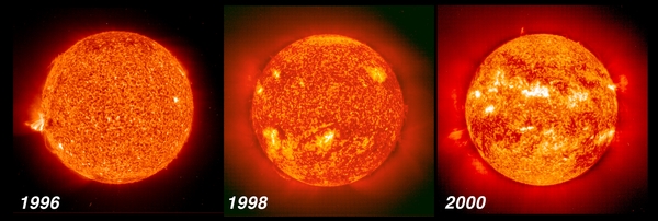 مقارنة بين ثلاث صور التقطت خلال أربع سنوات توضح كيف ارتفع النشاط الشمسي من الحد الأدنى تقريباً إلى ما يقارب الحد الأقصى في دورة الشمس ذات الأحد عشر عاماً. المصدر: SOHO/ESA/NASA