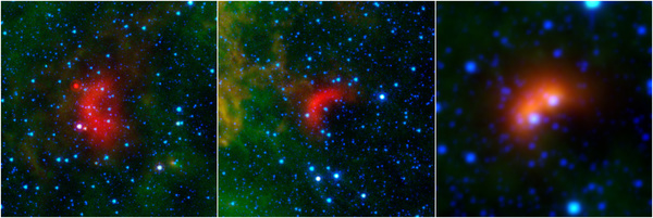 يعتقد العلماء أن ما يسمى بالـ " أمواج الصدمة القوسية" هي عبارة عن معالم خاصة تميز مسار النجوم السريعة فائقة الكتلة، وذلك كما هو مبين في الصور التي التقطها كل من تلسكوب سبيتزر الفضائي، والمستكشف الاستقصائي واسع الحقل العامل بالأشعة تحت الحمراء.  المصدر: NASA/JPL-Caltech/University of Wyoming