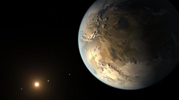 يقدّم هذا التصوّر الفني لتيم بايل تصورًا لكبلر-186 إف (Kepler-186f) وهو أول كوكب اعتُرِف رسميًا بأن له حجم الأرض ويدور حول نجمٍ ناءٍ في المنطقة الصالحة للسكن، وهو مدى البعد عن النجم الذي يمكن للمياه السائلة أن تتجمع على سطح الكوكب ضمنه. Credits: NASA/Ames/SETI Institute/JPL-Caltech