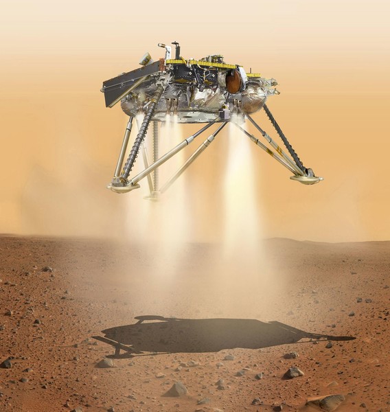 صورة فنية تُظهر مركبة إنسايت التابعة لناسا أثناء هبوطها على سطح المريخ. سيجري الهبوط في 26 نوفمبر/تشرين الثاني 2018. حقوق الصورة: NASA/JPL-Caltech